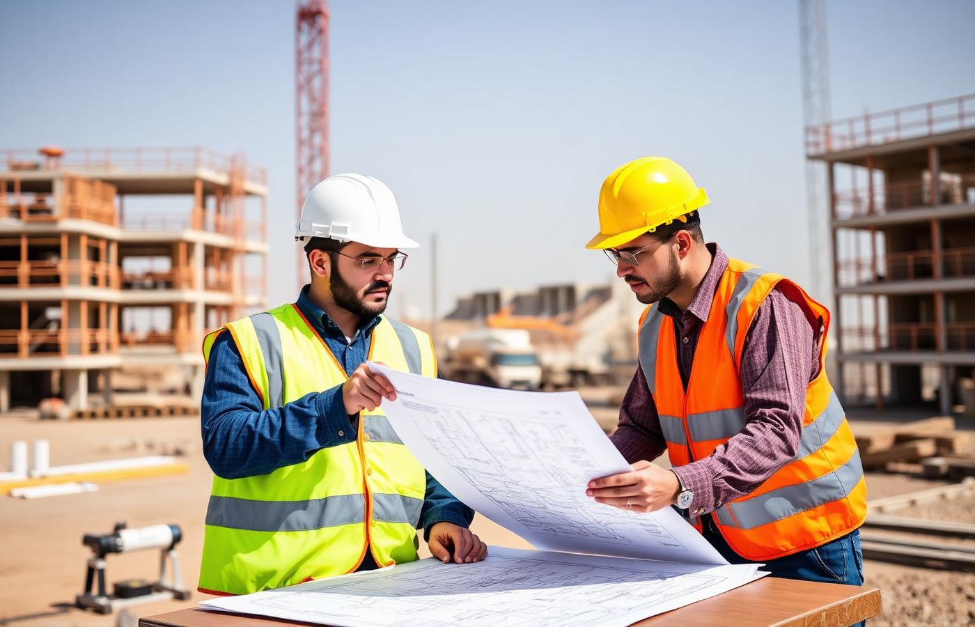 Two engineers reviewing blueprints on site