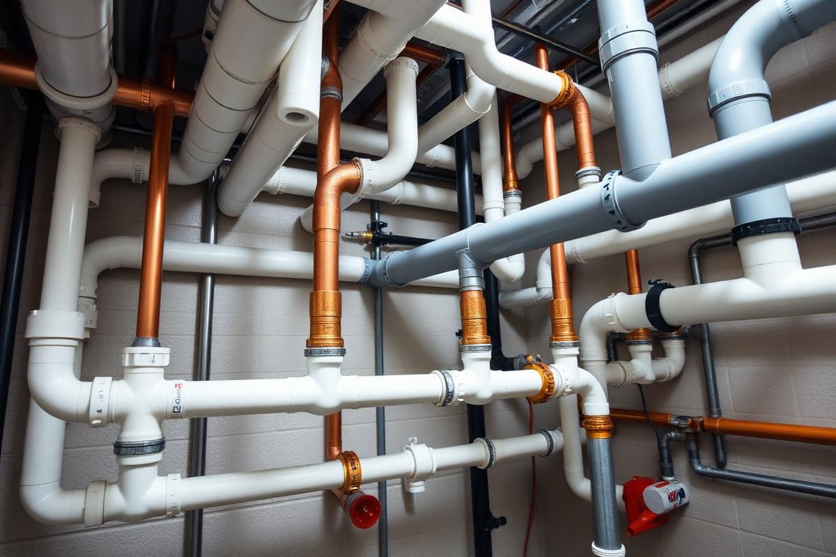 Plumbing plantroom with stainless steel pipes and booster pumps