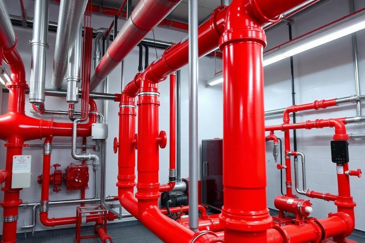 Fire pump room with red diesel and electric pumps