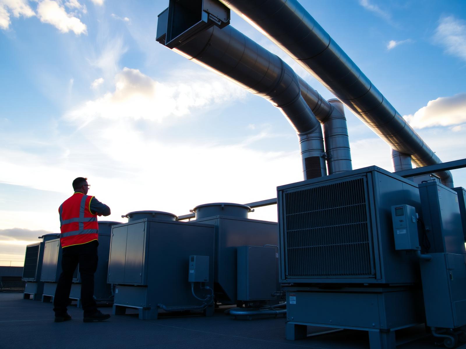 Rooftop HVAC installation with air handling units and ductwork
